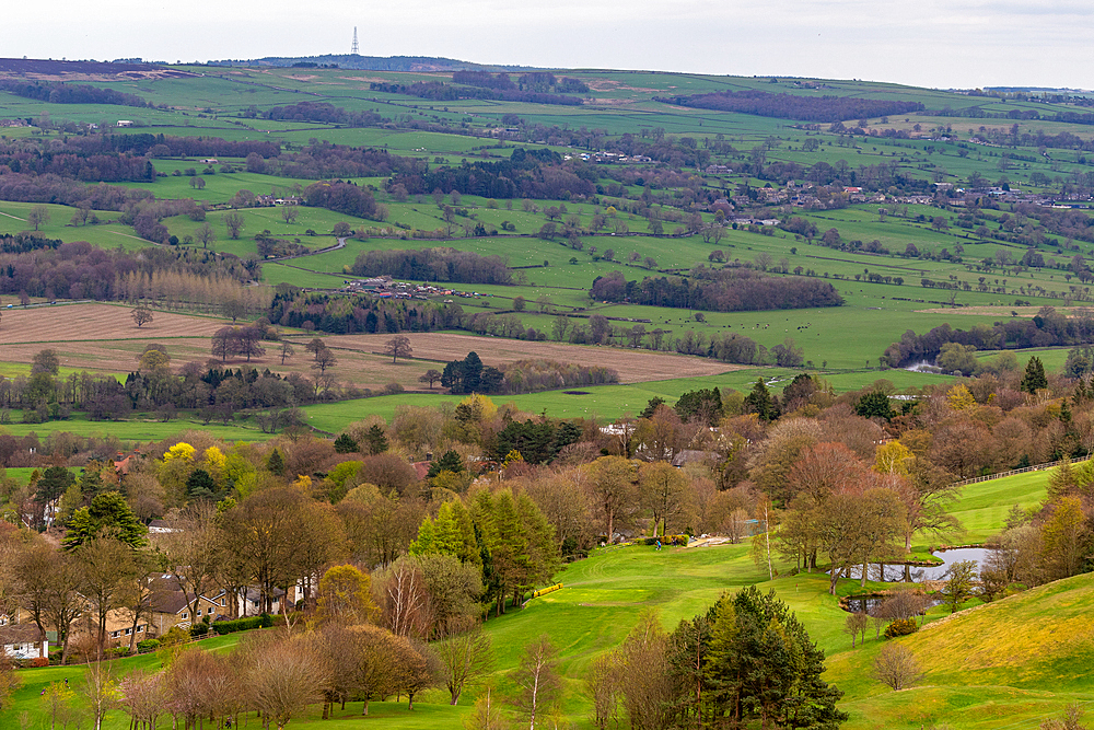 Rolling green hills with scattered trees and a rural landscape under a cloudy sky in Ilkley, North Yorkshire, England, United Kingdom, Europe