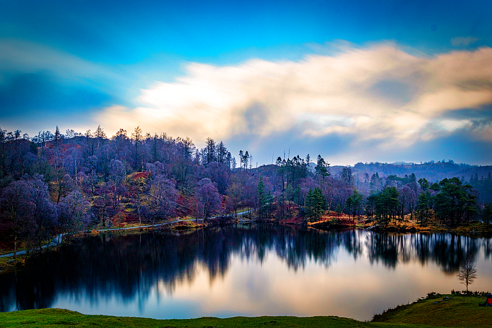 Serene lake with reflection of autumn trees under a dynamic blue sky with clouds at dusk in the Lake District, Cumbria, England, United Kingdom, Europe