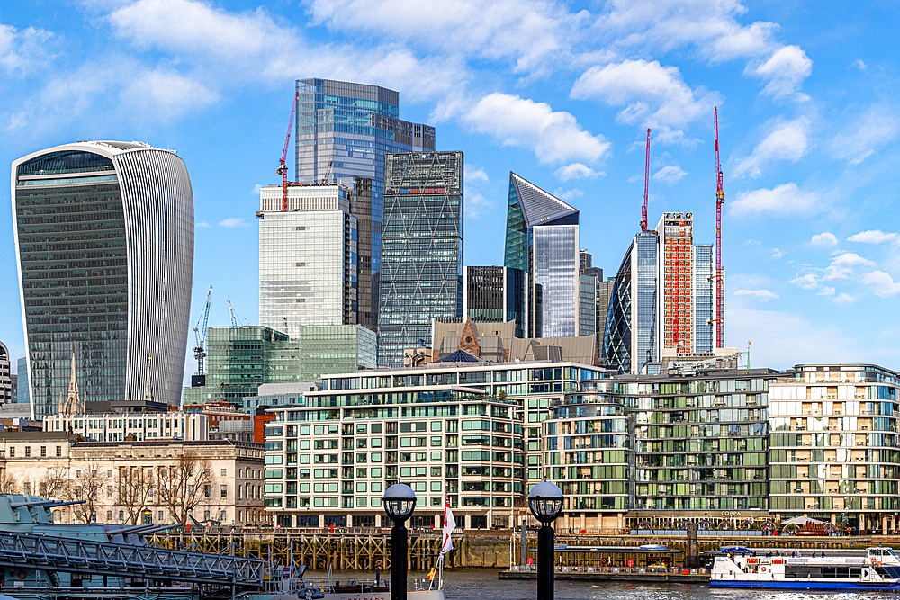 Modern London skyline with skyscrapers and clear blue sky, London, England, United Kingdom, Europe