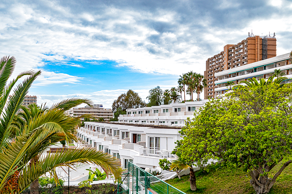 Urban landscape with modern apartment buildings surrounded by lush greenery under a cloudy sky in Los Cristianos, Tenerife, Canary Islands, Spain, Atlantic, Europe