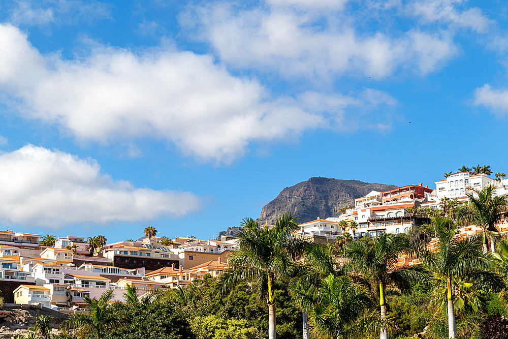 Scenic view of a hillside town with white buildings, lush greenery, and a mountain backdrop under a blue sky at Siam Park in Tenerife, Canary Islands, Spain, Atlantic, Europe