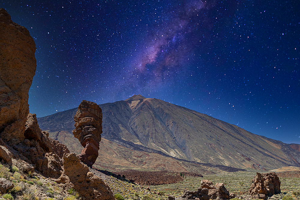 Majestic night sky with Milky Way over a serene mountain landscape in the Teide National Park, UNESCO World Heritage Site, Tenerife, Canary Islands, Spain, Atlantic, Europe