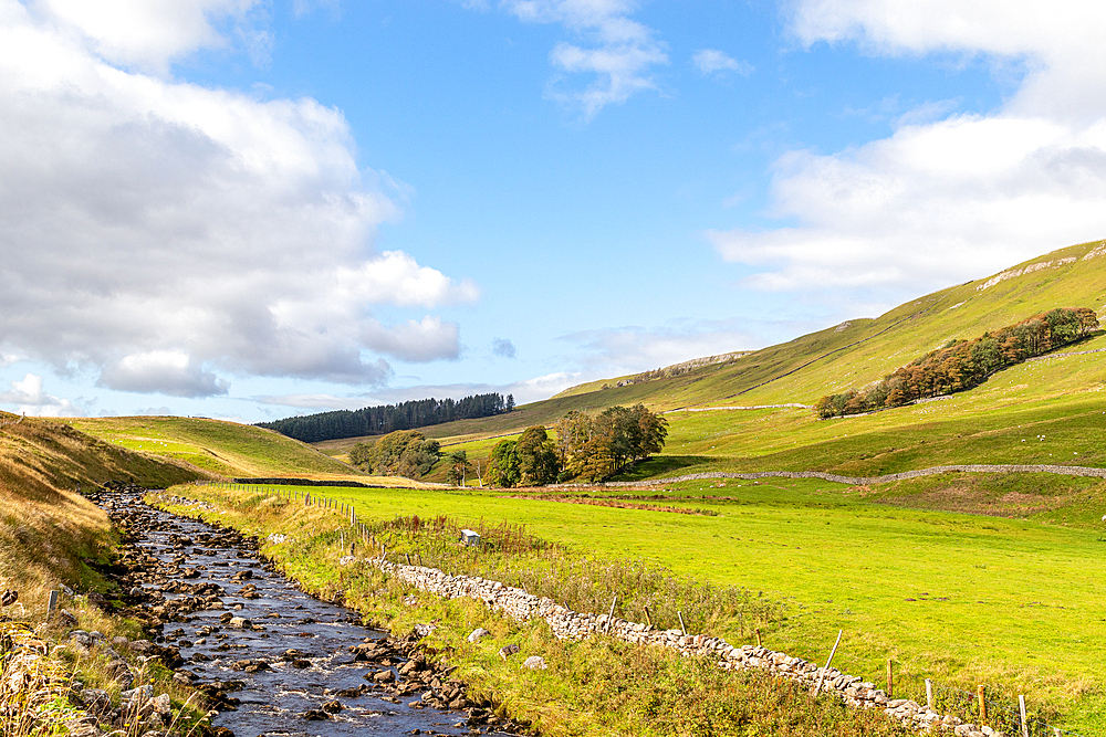 Idyllic countryside landscape with a stream, green hills, and a clear blue sky with clouds, North Yorkshire, England, United Kingdom, Europe