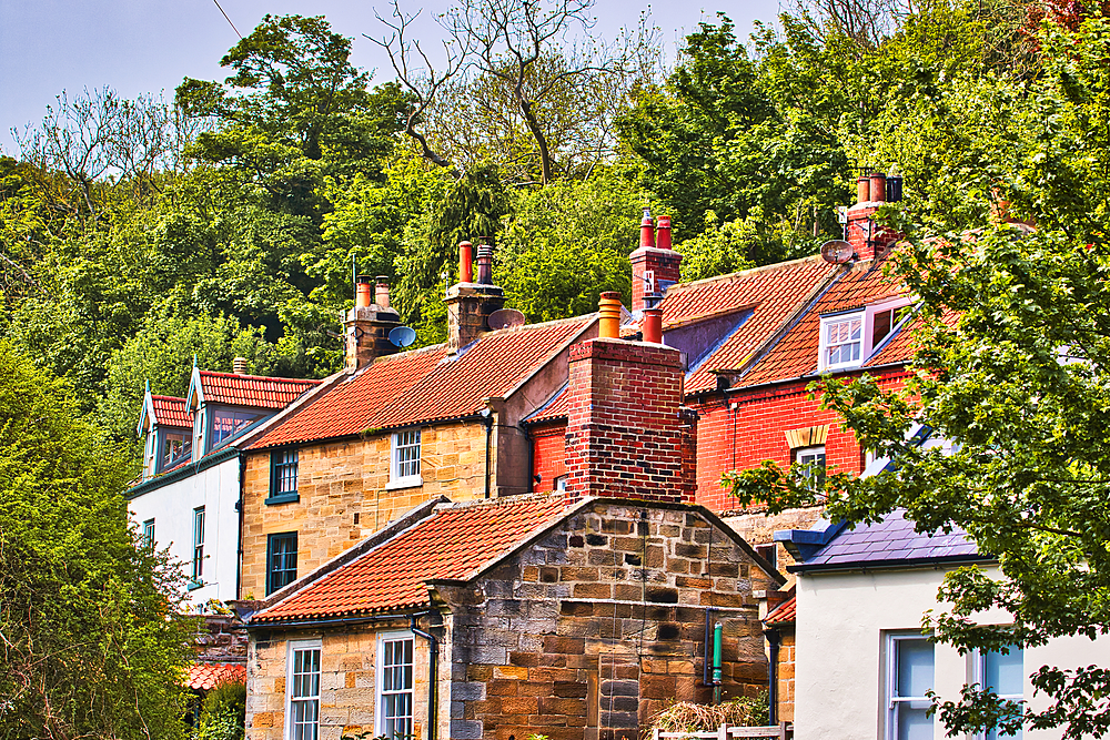 A picturesque view of traditional houses with red tiled roofs nestled among trees on a hillside.