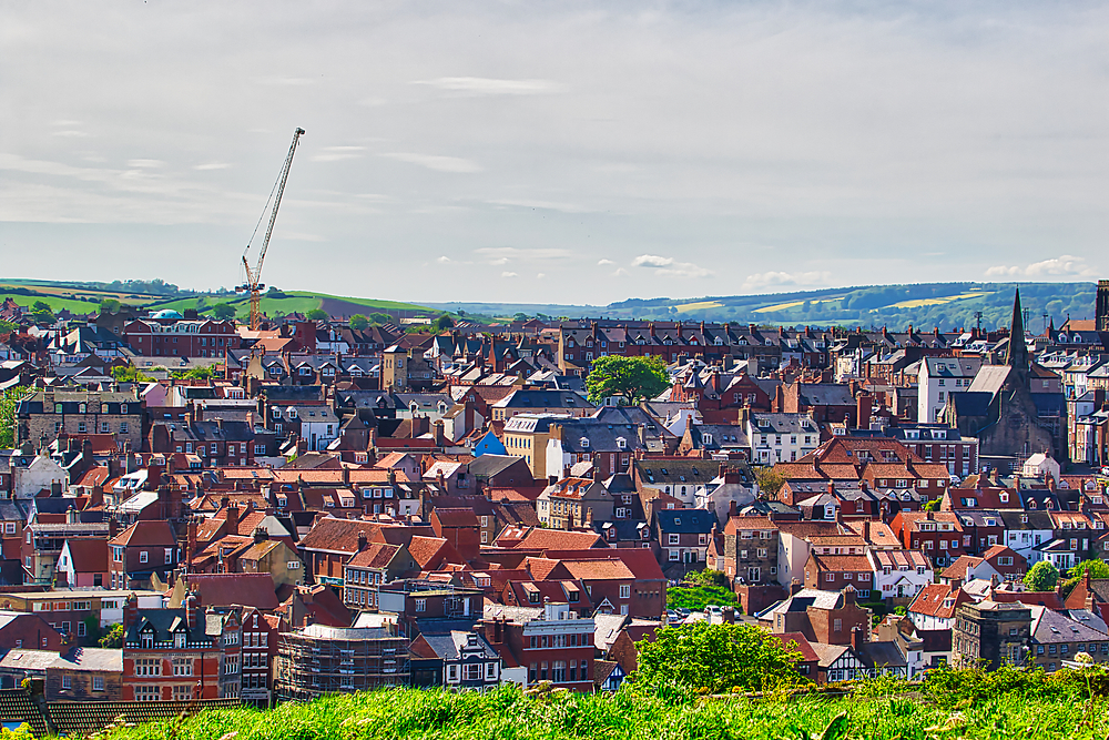 A panoramic view of a town with red-roofed buildings, a crane in the background, and green hills in the distance under a cloudy sky.