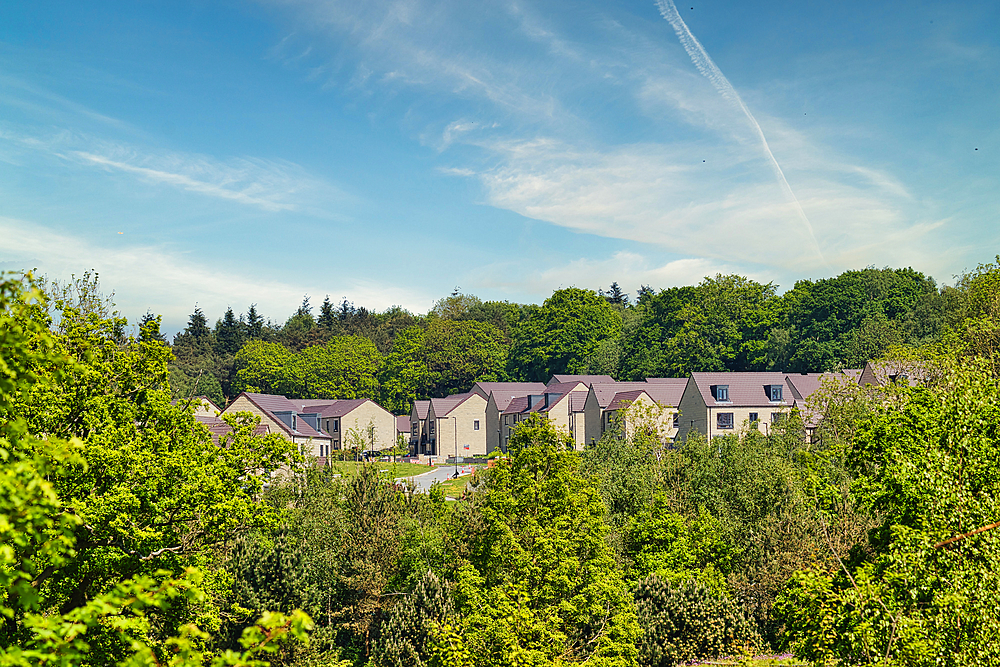 A scenic view of a residential area surrounded by lush greenery and trees under a clear blue sky. The houses have light-colored walls and dark roofs.