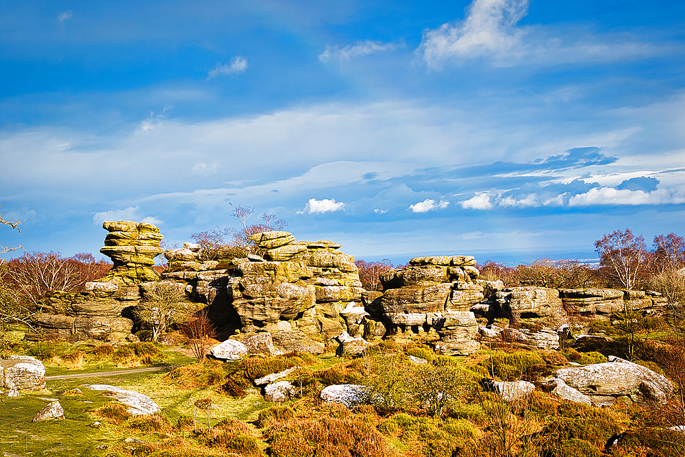 Picturesque rocky landscape with unique rock formations under a blue sky with fluffy clouds at Brimham Rocks, in North Yorkshire