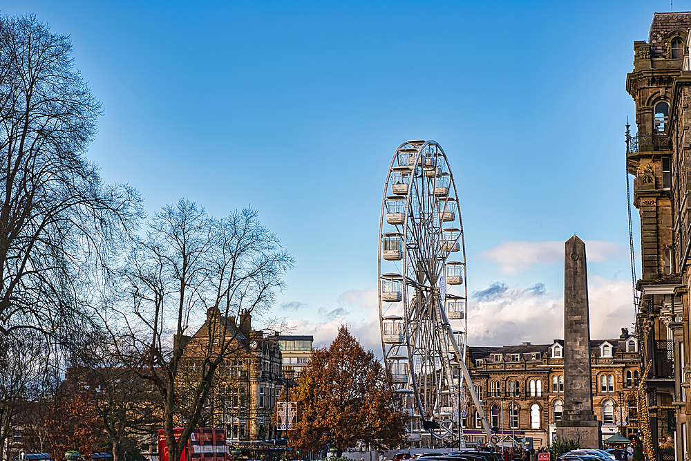 A Ferris wheel stands prominently against a clear blue sky, flanked by bare winter trees and stone buildings. The scene suggests a city setting, possibly during a holiday season.