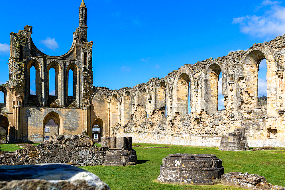 Sunny day at ancient Gothic ruins with blue sky, Byland Abbey, North Yorkshire, England, United Kingdom, Europe