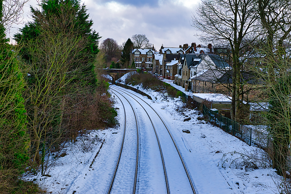 Snow-covered railway tracks curve gently towards a row of houses nestled amongst leafless trees. A stone bridge is visible in the distance, adding depth to the scene. The overall color palette is muted, with whites, grays, and browns dominating in Harrog