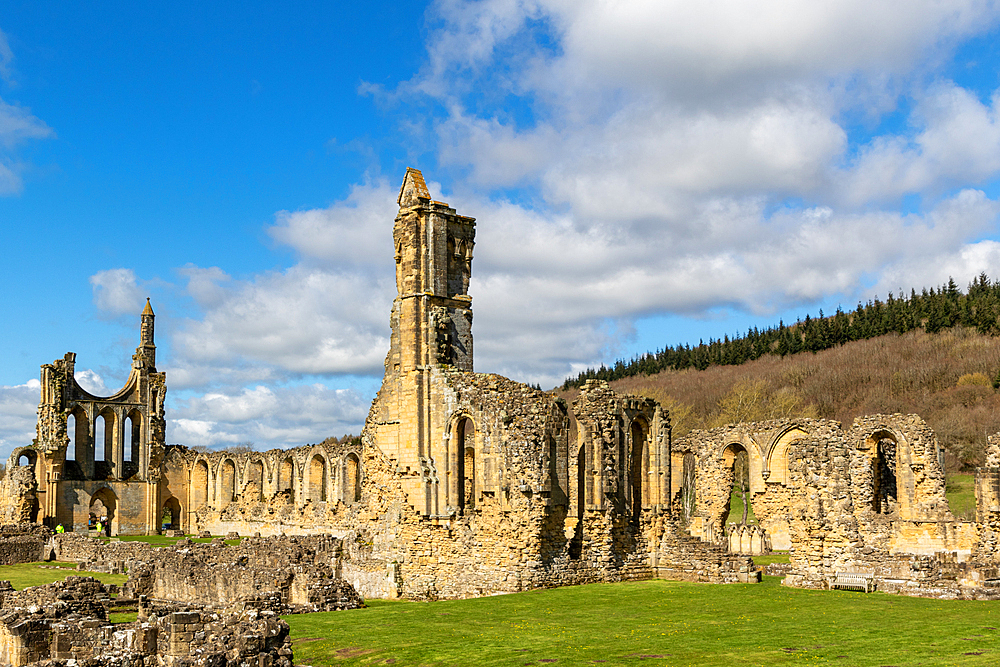 Ancient ruins of a medieval abbey with arches and columns against a blue sky with clouds at Byland Abbey, North Yorkshire, England, United Kingdom, Europe