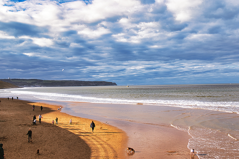 Wide view of a sandy beach with people and dogs under a cloudy sky. The ocean stretches to the horizon in Whitby, UK.