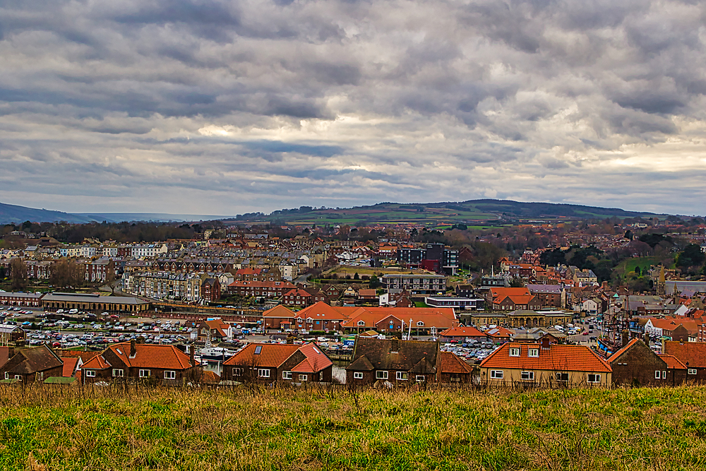 An elevated view of a town with red-roofed buildings beneath a cloudy sky, partially obscured by grassy foreground in Whitby, UK.