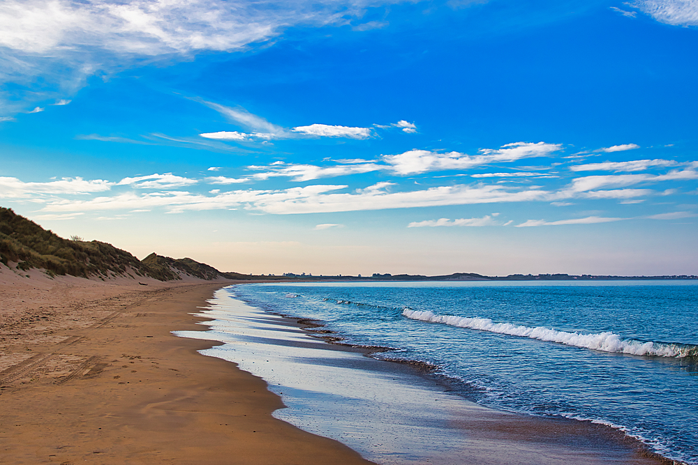 Coastal scene featuring a sandy beach, dunes, ocean waves, and a blue sky with scattered clouds.