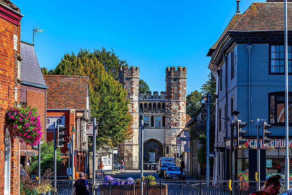 Quaint street with historic architecture and clear blue sky in Canterbury, Kent, England, United Kingdom, Europe