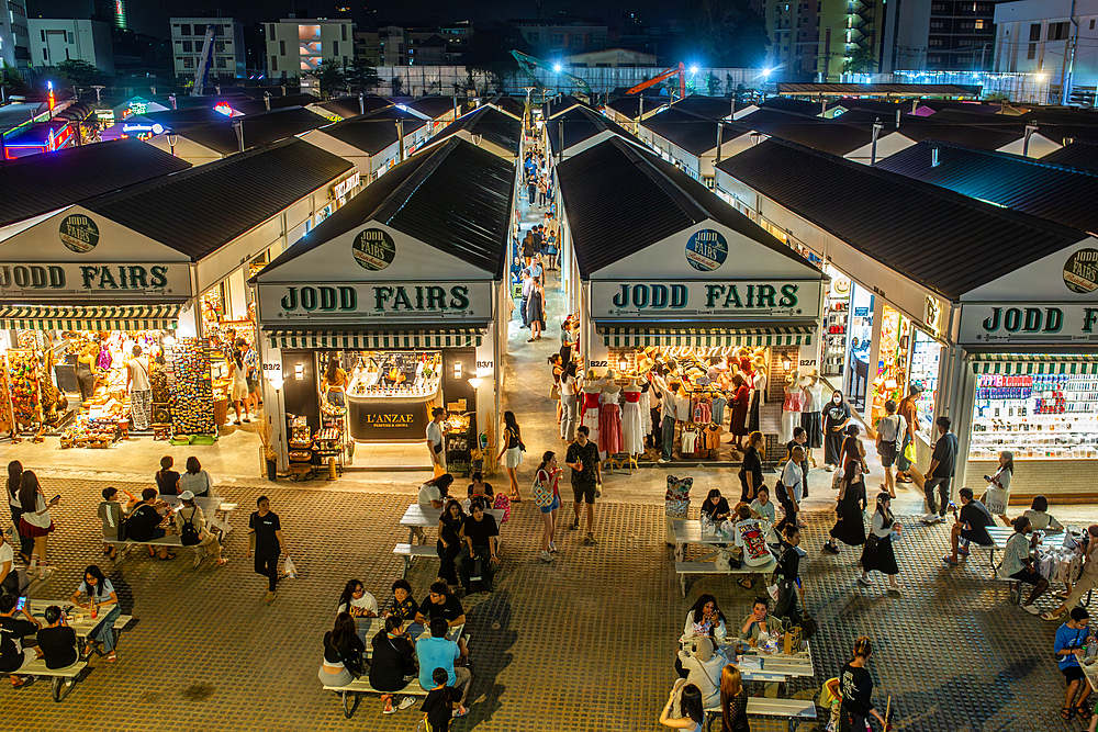 Bangkok, Thailand - February12, 2025: Unidentified people at Jodd Fairs Ratchada Night Market in Bangkok, Thailand.