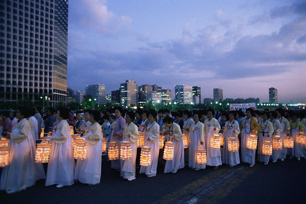 Lantern parade at beginning of Buddha's birthday evening, Yoido Island, Seoul, Korea, Asia