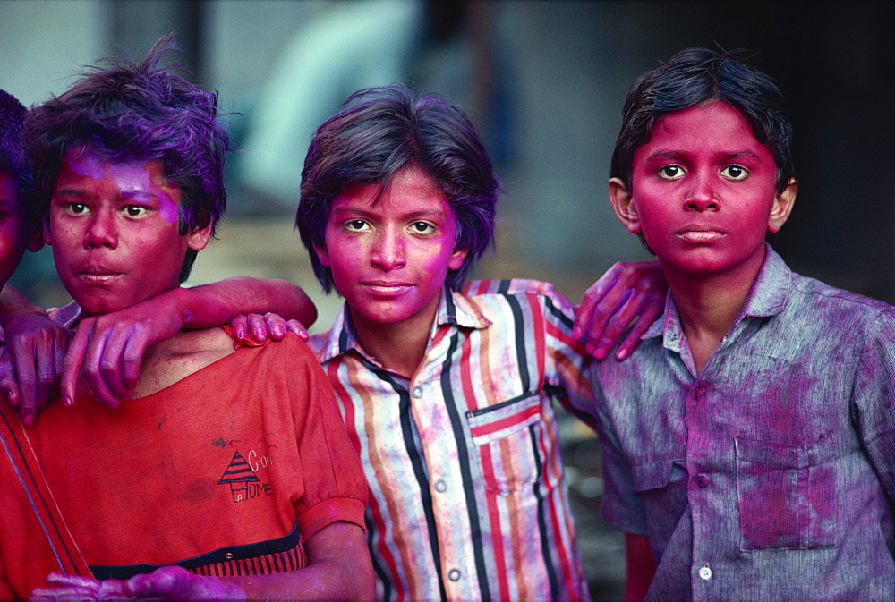 Boys during the Holi festival celebrations in Colomba, Mumbai (Bombay), India, Asia