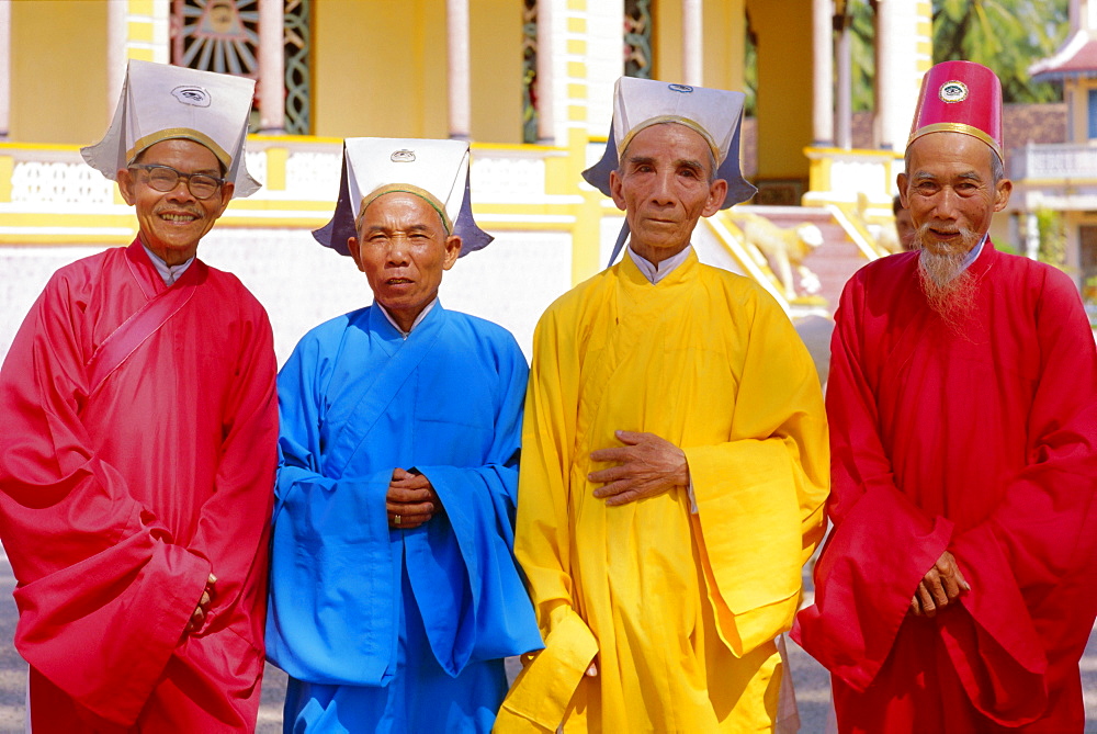 Portrait of four Cao Dai high priests, Long Hoa, Tayninh Province, Vietnam, Indochina, Southeast Asia, Asia