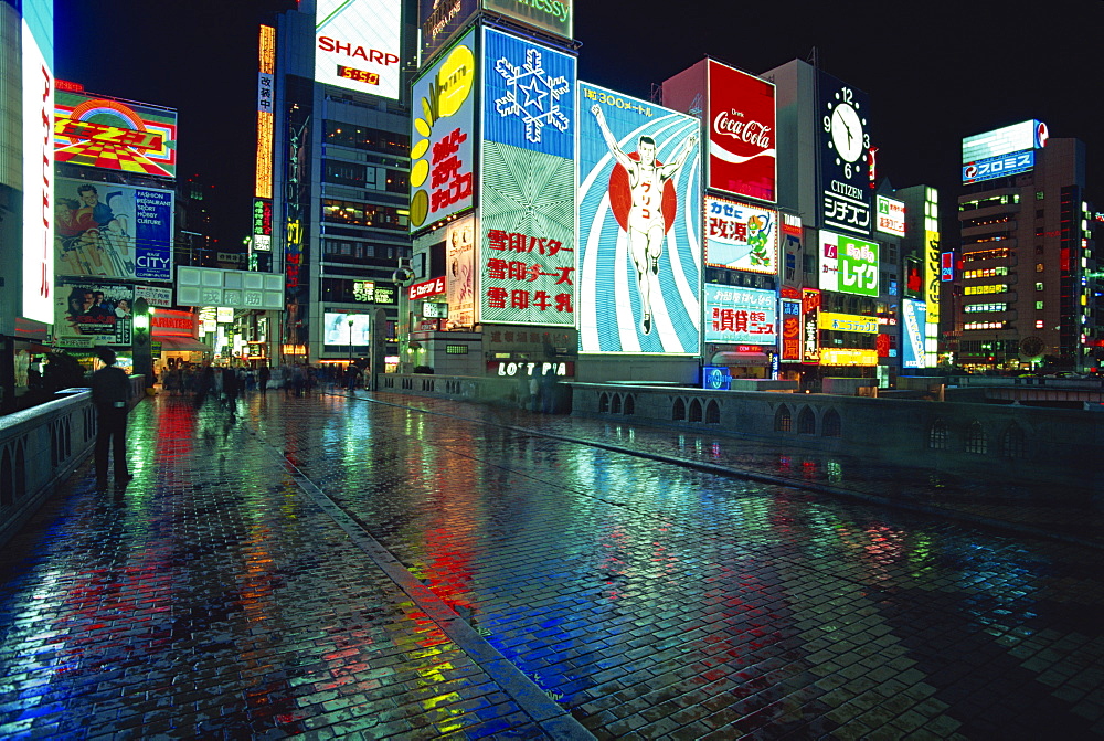 Neon signs of the Nippombashi District at night, Osaka, Japan, Asia