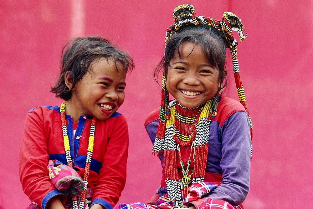 Portrait of two smiling children of the Kalagan tribe famous for Eric an ethnic dance of joy and happiness, at Cotabato on Mindanao, Philippines, Southeast Asia, Asia