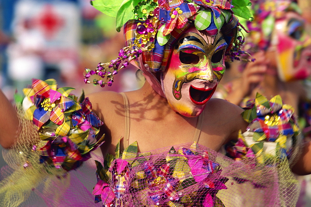 Portrait of a masked dancer at Mardi Gras carnival, in Iloilo City on Panay Island, Philippines, Southeast Asia, Asia