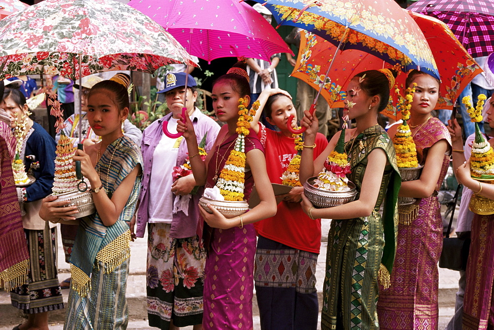 Young women in costumes, Lao New Year, Luang Prabang, Laos, Indochina, Southeast Asia, Asia