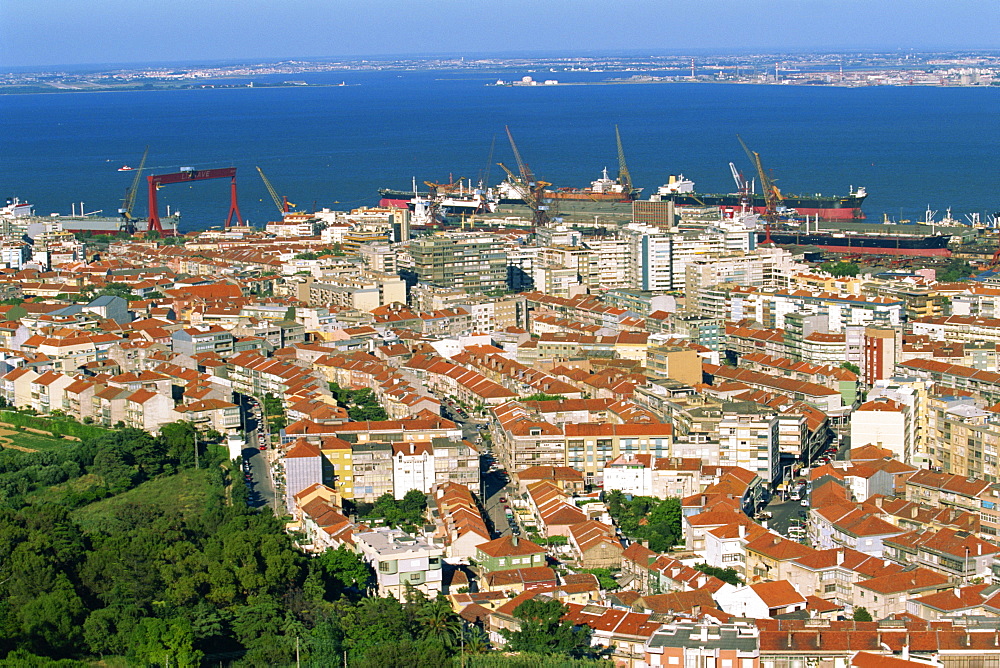 Low aerial view, Miradouro Santa Luzia above the Hill of Alfama neighbourhood in Lisbon, Portugal, Europe