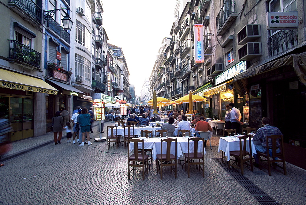 Pedestrian street with restaurants, Rossio district, Lisbon, Portugal, Europe