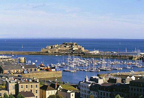 Aerial view of Castle Cornet, St. Peter Port, Guernsey, Channel Islands, U.K., Europe