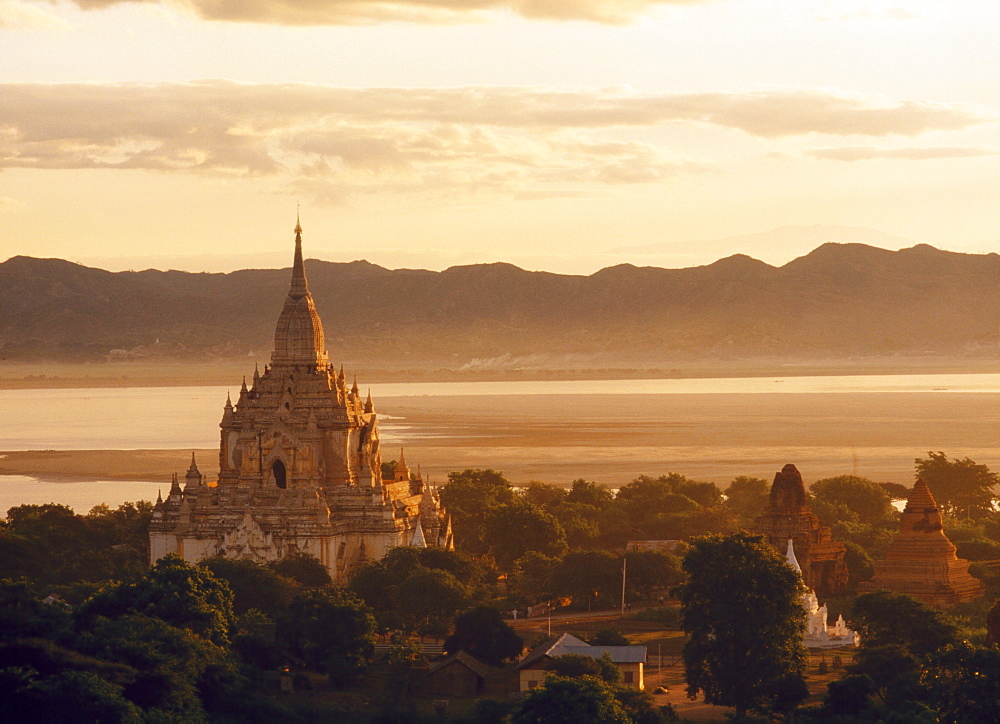 Aerial view over the Gawdawpalin Pagoda at dawn/dusk, Bagan (Pagan) area, Myanmar (Burma), Asia 