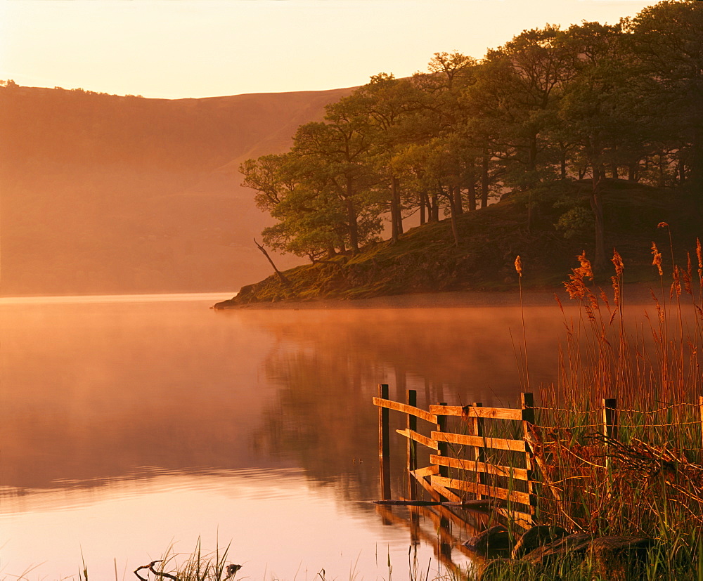 Mist rising on Derwent Water at dawn, Lake District National Park, Cumbria, England, United Kingdom, Europe