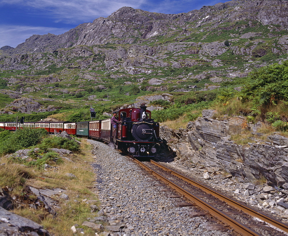 Ffestiniog Railway at Tanygrisiau, the busiest of the North Wales narrow gauge railways, opened in 1836 to carry slate from Blaenau Ffestiniog to the coast, Wales, United Kingdom, Europe