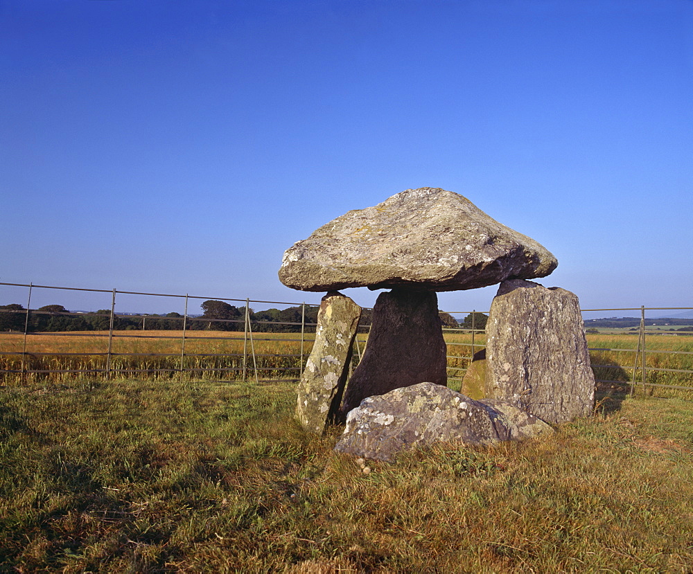 Neolithic burial chamber built between 4000 and 2000BC for communal burial of the dead, it would originally have been covered with earth or stones, Bodowyr Burial Chamber, Anglesey, North Wales, United Kingdom, Europe