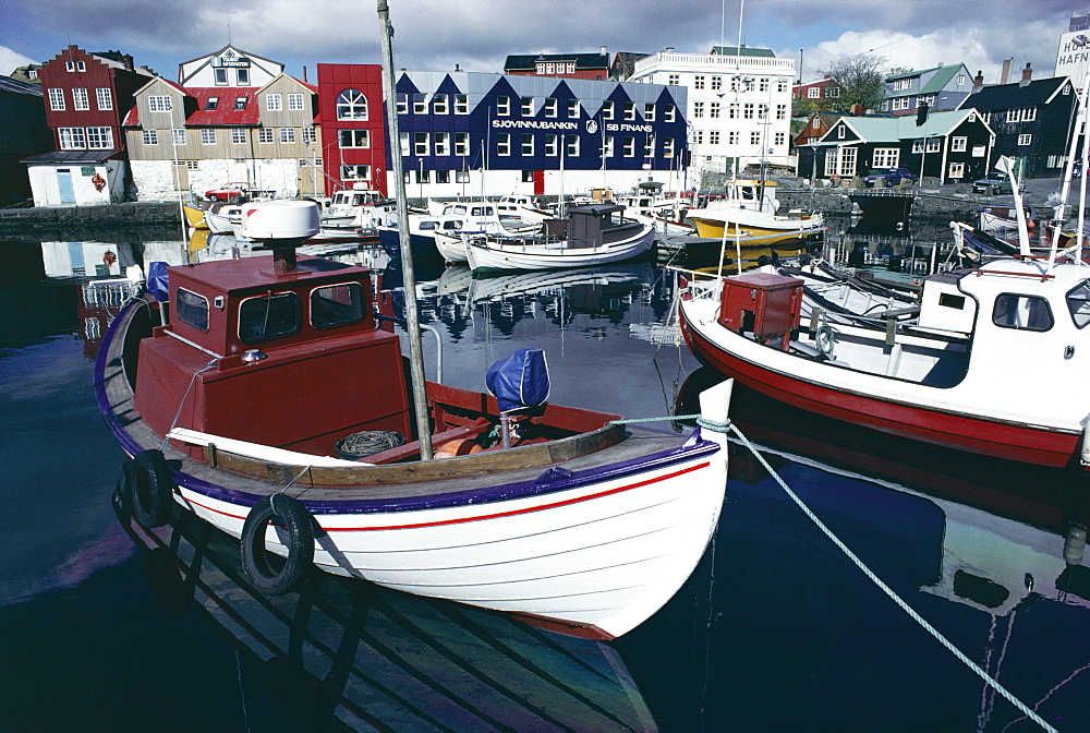 Boats in harbour, Torshavn (Thorshavn), Stremoy, Faeroe Islands, Denmark, Europe, North Atlantic