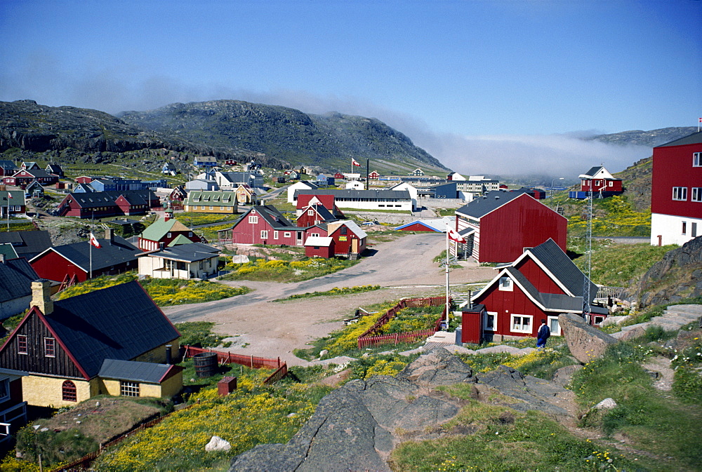 Aerial view over Julianehab, Greenland, Polar Regions