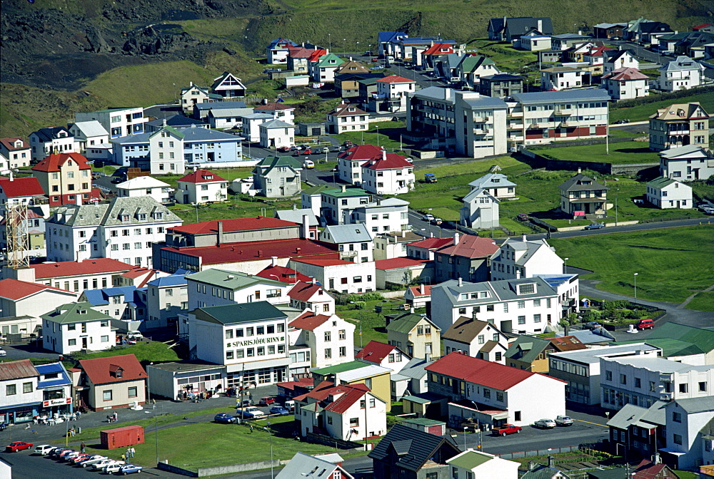 Commercial buildings, apartments and houses in the town of Heimaey, Iceland, Polar Regions