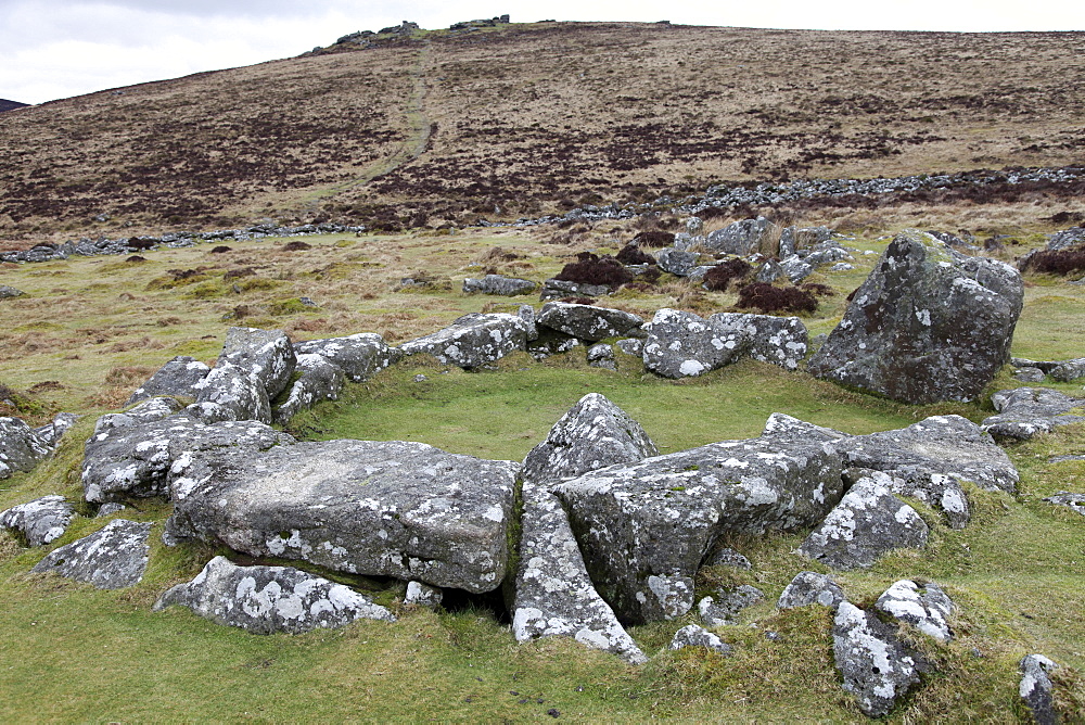 Ruins of middle Bronze Age house, Grimspound, Dartmoor, Devon, England, United Kingdom, Europe