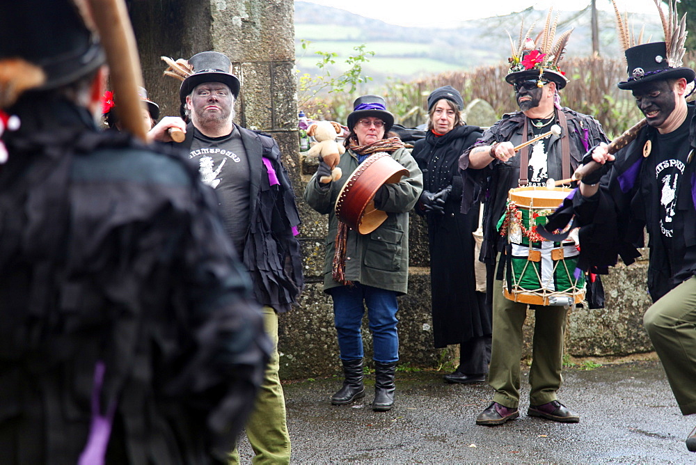 Morris dancers performing outside St. Pancras Church, Widecombe, Dartmoor, Devon, England, United Kingdom, Europe