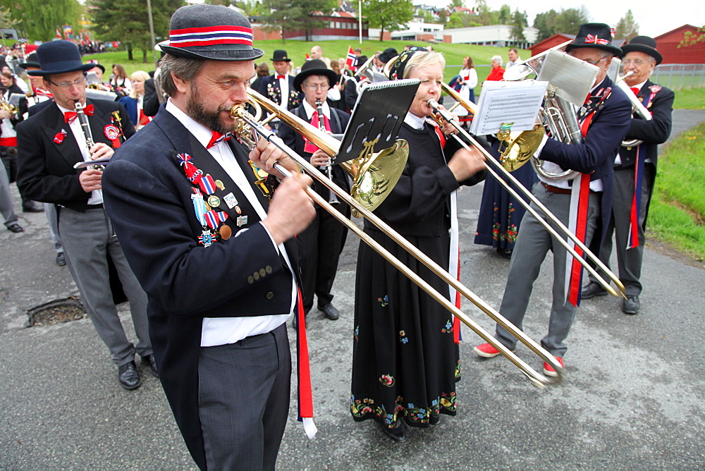 The National Day in Norway, May 17th, is marked by processions and bands all over the country with many wearing national costume, Asker, Norway, Scandinavia, Europe