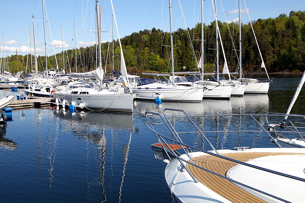 New yachts moored in a new marina at Leangbukta, Asker, near Oslo, Norway, Scandinavia, Europe