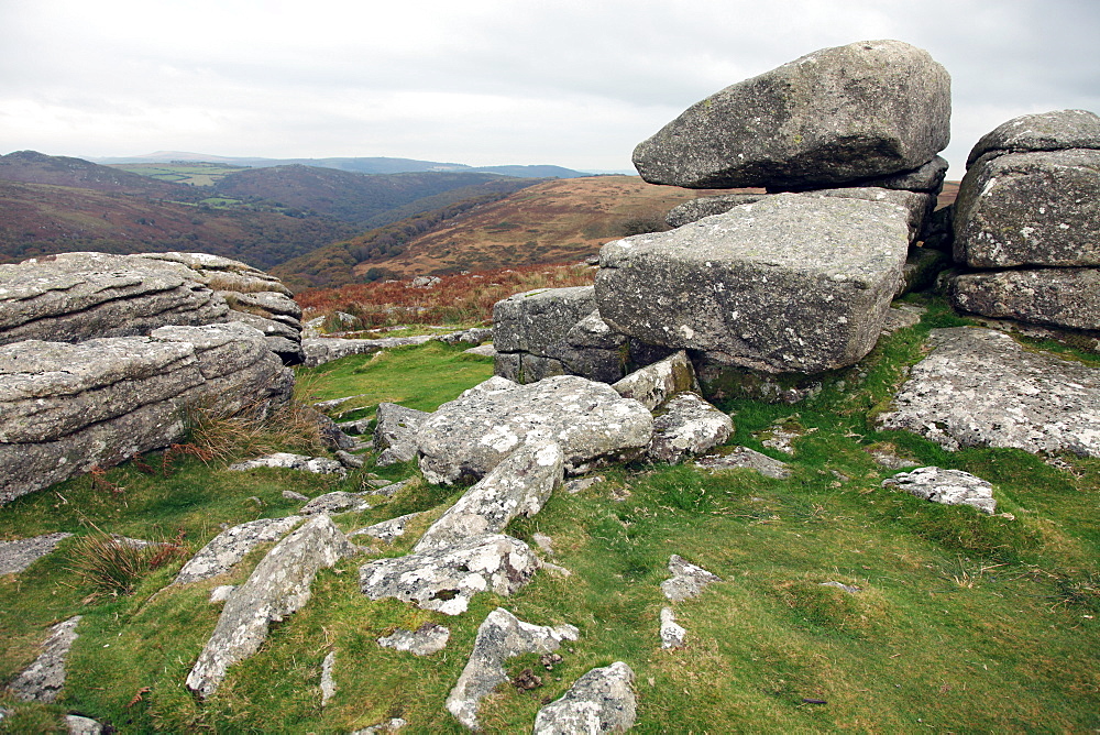 Granite boulders on a Tor near Hexworthy overlooking the Dart valley, Dartmoor National Park, Devon, England, United Kingdom, Europe