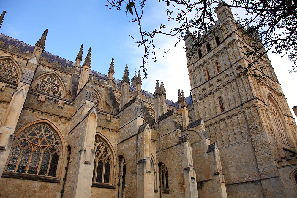 Nave and tower from the south, Exeter Cathedral, Exeter, Devon, England, United Kingdom, Europe