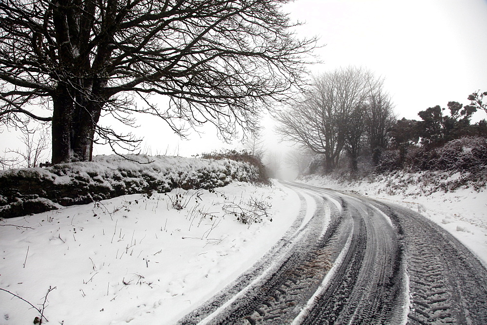 Lane covered by snow in Dartmoor, Devon, England, United Kingdom, Europe