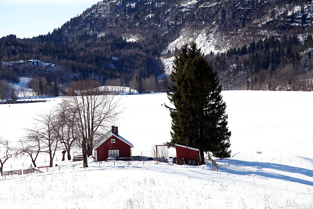 Cabin by a snow-covered lake, Sem, Asker, Norway, Scandinavia, Europe 