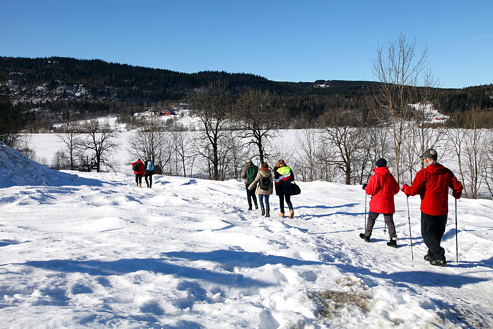 Walkers in the snow at Sem Lake, Asker, South Norway, Scandinavia, Europe 