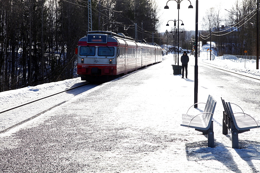 Suburban commuter train arriving at Vakas station near Oslo, Norway, Scandinavia, Europe 