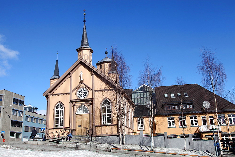 Church in the harbour square, Tromso, arctic Norway, Scandinavia, Europe