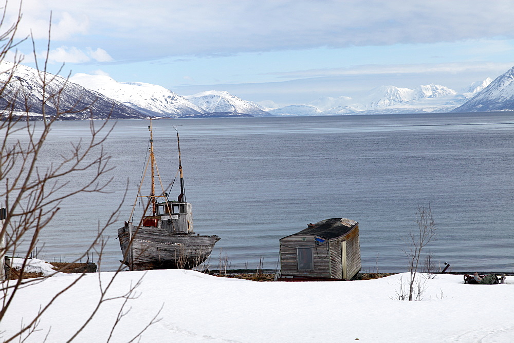 Old fishing boat laid up on Kvaloya (Whale Island), Troms, arctic Norway, Scandinavia, Europe