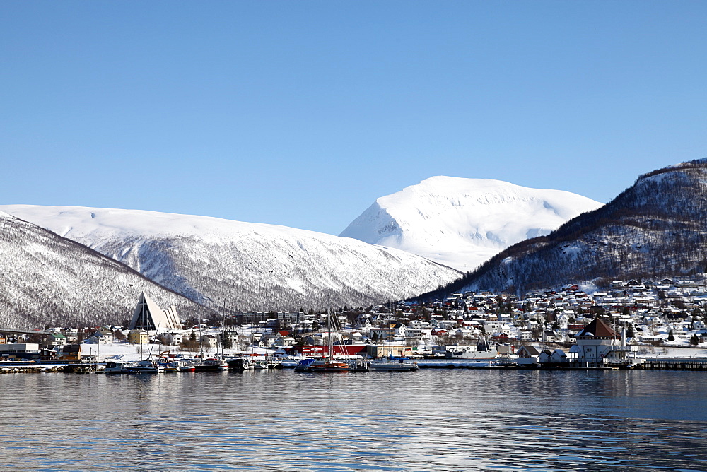 Tromsdalen and the Cathedral of the Arctic opposite Tromso, Troms, Norway, Scandinavia, Europe